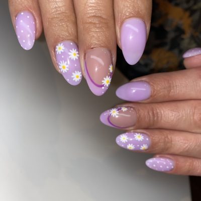Darian acrylic nail overlay natural nails lavender flower nail art